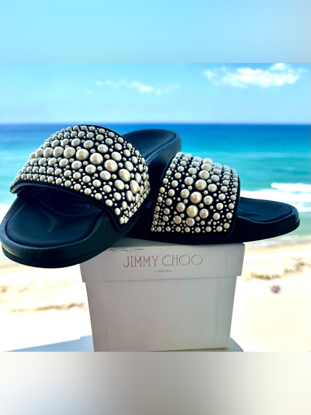 Jimmy Choo Black Slides with Pearl Stud Embellishments